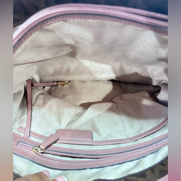 MICHAEL KORS Brown Monogram Jet Set Pocket Tote w/ Pink Leather Straps - Picture 7 of 8